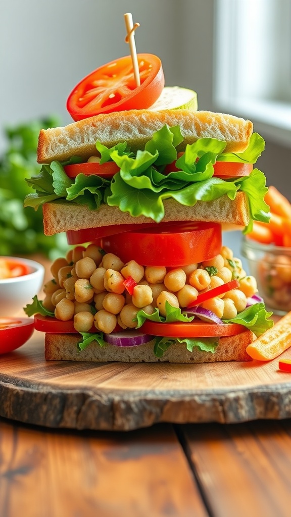 A colorful chickpea salad sandwich with lettuce and tomato, served alongside carrot sticks on a wooden table.